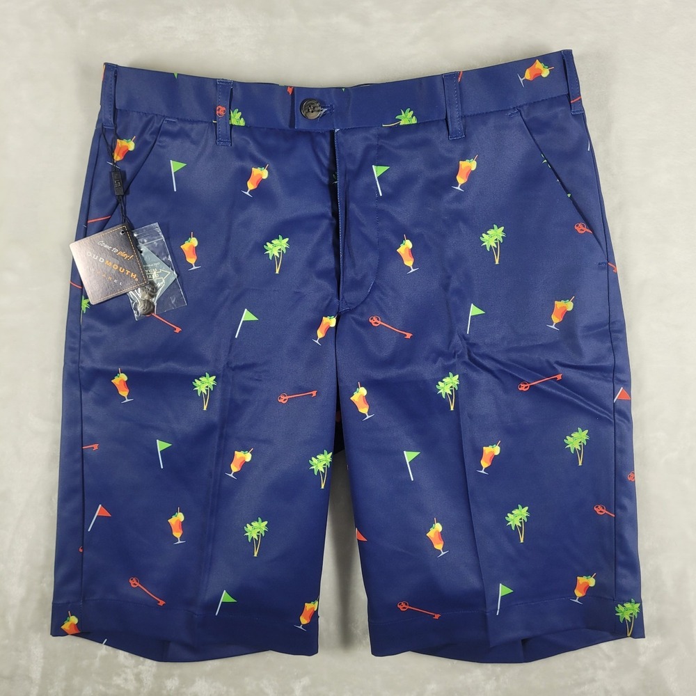 Loudmouth‎ Shorts Men's 32 Blue Hideaway Stretch Golf Cocktails Keys Flags NWT